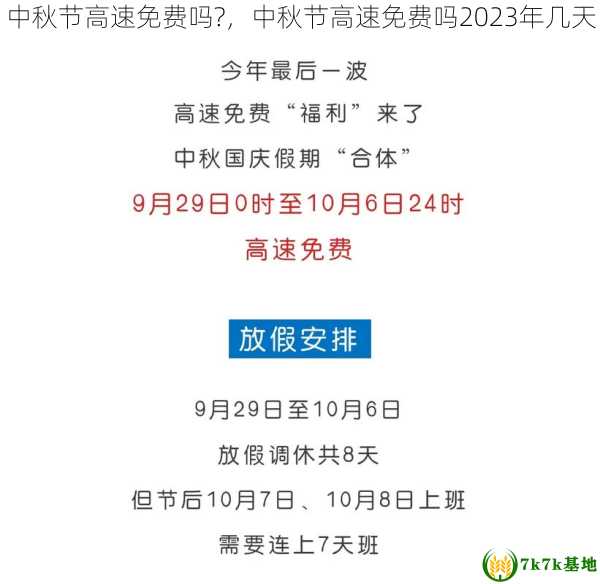 中秋节高速免费吗?，中秋节高速免费吗2023年几天