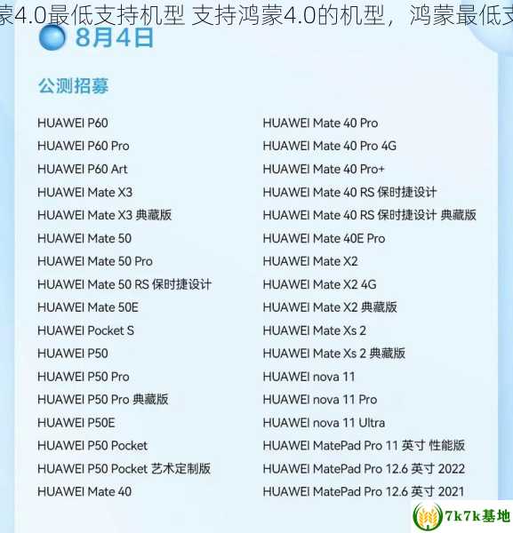 鸿蒙4.0最低支持机型 支持鸿蒙4.0的机型，鸿蒙最低支持